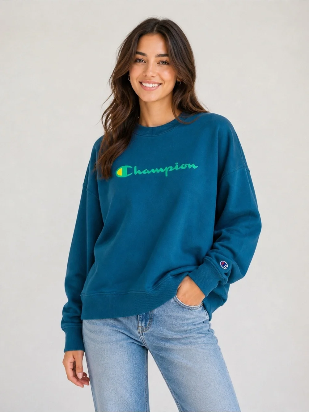 Champion Fleece Crewneck Sweatshirt Teal SZ M Unisex 🚩